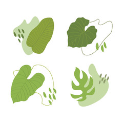 Vector set of abstract green tropical leaves and shapes. Cartoon exotic leaves. Perfect for textile, wrapping paper, stickers