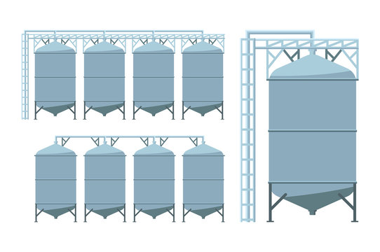 Agriculture grain silos. Agro manufacturing plant for processing drying cleaning and storage of agricultural products, flour, cereals and grain.