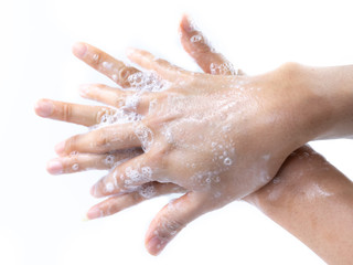 Fototapeta premium Man hands washing by soap with water for prevention corona virus, bacteria and germ, health care concept.