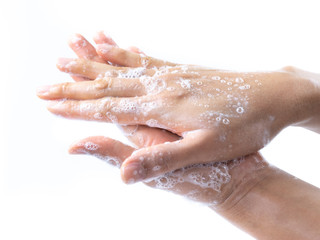 Fototapeta premium Man hands washing by soap with water for prevention corona virus, bacteria and germ, health care concept.