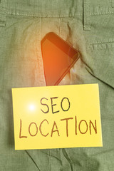 Word writing text Seo Location. Business photo showcasing process to optimize pages on your site to...