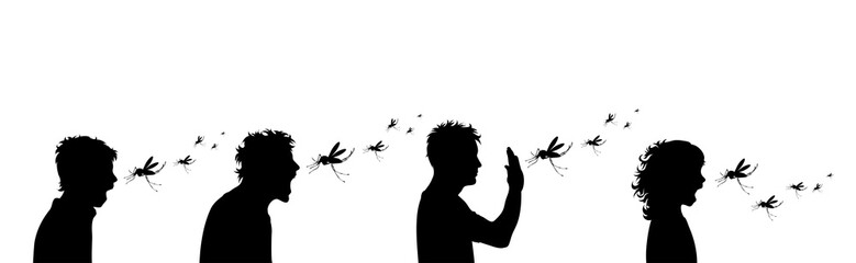 Set of vector silhouette of people who crying to mosquito on white background. Symbol of annoying insect.