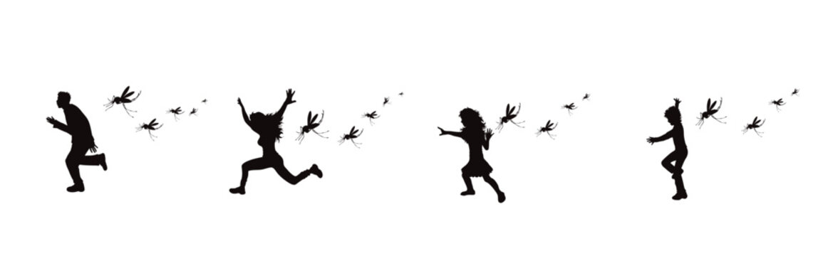 Set of vector silhouette of people who runs away mosquito on white background. Symbol of annoying insect.