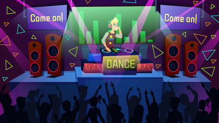 Techno Music Party in Nightclub or Music Festival Cartoon Vector Concept with Male Club DJ at Audio Mixer Set Performing, Playing Music Mix on Stage in Front of Dancing People Crowd Illustration