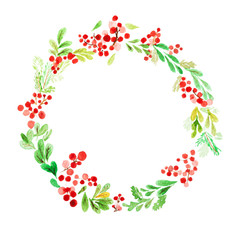 Flower wreath. Watercolor paint on white isolate background. Flower and leaf design in Christmas color tone.