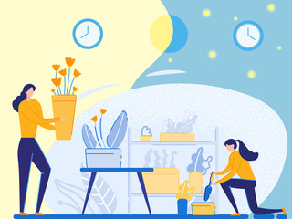 Happy Woman Day and Night Activity. Girl Gardening at Home or in Greenhouse Removing Plants to another Pot. Homework Character Caring of Domestic Flowers. Work, Hobby. Cartoon Flat Vector Illustration