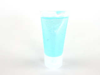 Light blue hand washing gel isolated on a white background.