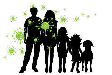 Vector silhouette of family who is spreading bacteria on white background. Symbol of disease and coronavirus.