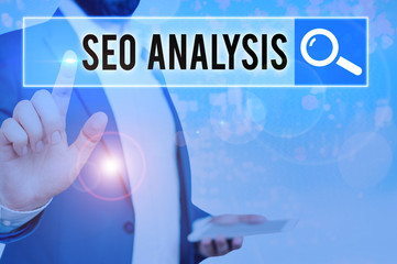 Word writing text Seo Analysis. Business photo showcasing tool helps showing to study on how to...