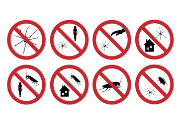 Collection of vector silhouette no spider and cockroach mark on white background. Symbol of stop insect.