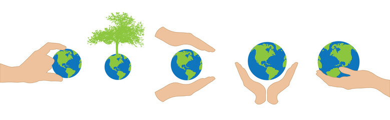 Collection of vector silhouette of hand hold world in protection gesture on white background. Symbol of save planet.