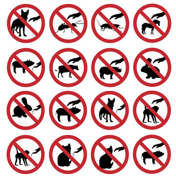 Vector silhouette collection of do not touch and feeding animals mark on white background. Symbol of prohibition.