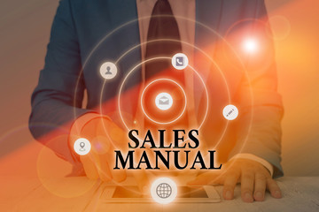 Text sign showing Sales Manual. Business photo text set of printed materials containing product...