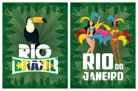 brazil carnival poster with beautiful interracial garotas and toucan