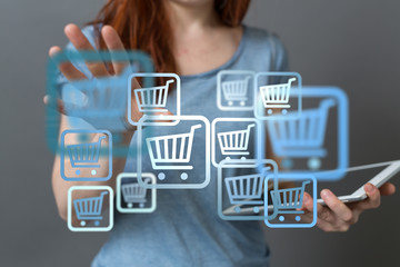 Online shopping business concept selecting shopping cart.