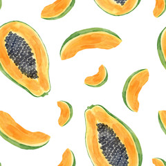 Ripe papaya fruit seamless pattern with slices and seeds. Watercolor bright tropical fruit wallpaper on white background.