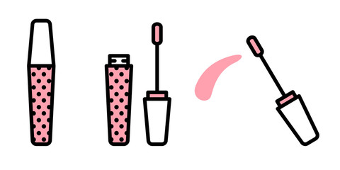 Vector set of makeup from closed, open and leaving lipgloss. Vector linear lipgloss brush icons in flat linear style with white and pink fill and black stroke isolated on white background
