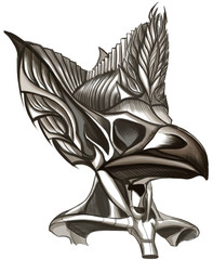Skull of a bird with a large beak, with a neck, with a large crown on its head, with small eyes and small leaves in the crown, reminiscent of the ancient Egyptian sun God Amon-RA. Fantasy character.