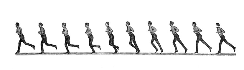Running man (people) in different situations / Antique illustration from Brockhaus Konversations-Lexikon 1908