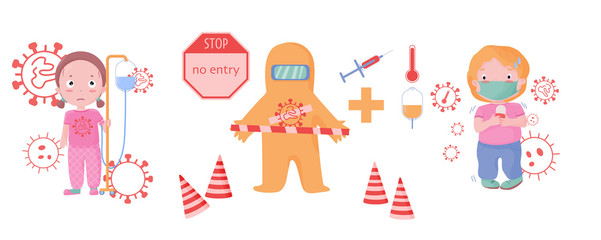 Original characters in masks, protection. Vector illustration of people sick with Corona virus on white background. Pandemic and corona virus outbreaks. Mask to protect yourself against Corona virus..