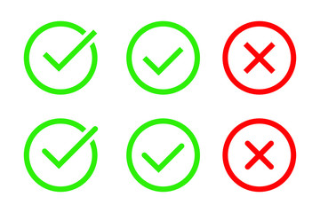 Green Check Mark and Red Cross in two variants (square and rounded corners), isolated vector illustration