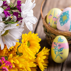 Colorful Daisy Flowers and Easter Eggs