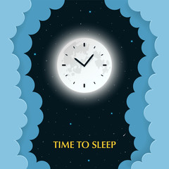 Full moon with clocks on the dark night background with stars and paper clouds with 3d effect. Sleep phases, circadian rhythms concept. Time to sleep. Paper cut style. Vector Illustration.