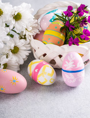 Fototapeta na wymiar Colorful Flowers amd Easter Eggs