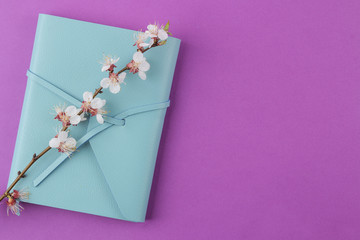 Flowering branch. Spring flowers and blue notebook on a bright lilac background. top view