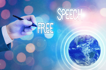 Conceptual hand writing showing Free Speech. Concept meaning the right of showing to express their...