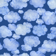 Seamless watercolor pattern consisting of blue fluffy clouds on a blue background.