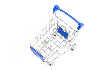 steel shopping cart with blue accents on a white background isolate