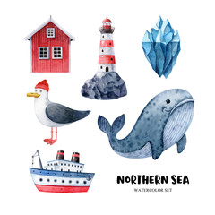 Set with northern elements seagull, lighthouse, iceberg, house, whale, ship, puffin isolated on white backdrop. Watercolor illustration, clipart for clothes, stickers, baby shower, prints, fabrics. - obrazy, fototapety, plakaty