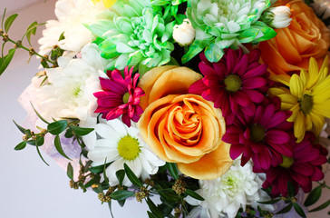 Bouquet of beautiful flowers on white background. Summertime concept. Wedding bouquet.