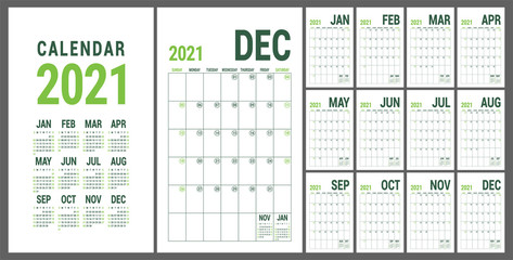 Calendar 2021. English calender template. Vector grid. Office business planning. Creative design. Olive green color