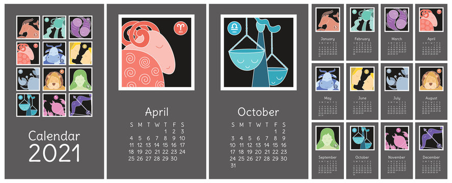 Calendar 2021. Zodiac signs: aquarius, libra, leo, taurus, cancer, pisces, virgo, capricorn, sagittarius, aries, gemini, scorpio. Astrological calender. Color vector horoscope. Ready design