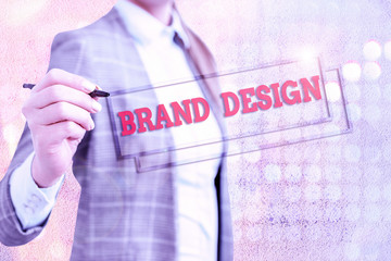 Conceptual hand writing showing Brand Design. Concept meaning visual elements that make up the...