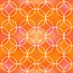 White textured circles on orange and yellow watercolor paper. Geometric abstract background, seamless pattern. Good for backgrounds, wrapping paper, postcards