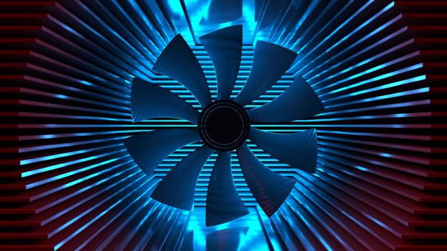 A fan among the radiator plates. Cooling system closeup colored backlight. Fan with an aluminum radiator on a black background.