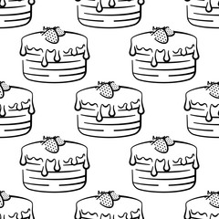 Chocolate cake with strawberries vector seamless pattern on white background. Black and white holiday background hand-drawn. Design for wrapping, print.