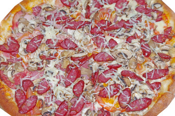 Fototapeta na wymiar barbecue pizza topped with Sauce, cheese, mushrooms, hunting sau