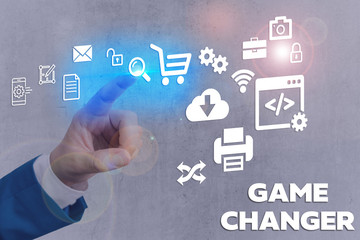 Text sign showing Game Changer. Business photo text way that effects a major shift in the current...