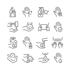 Hand washing related icons: thin vector icon set, black and white kit