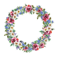 Wreath of Flowers. Watercolor Illustration.