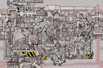 Abstract  industrial factory, vintage technology or steampunk illustration with fantasy machines on brick surface. Hand drawn.