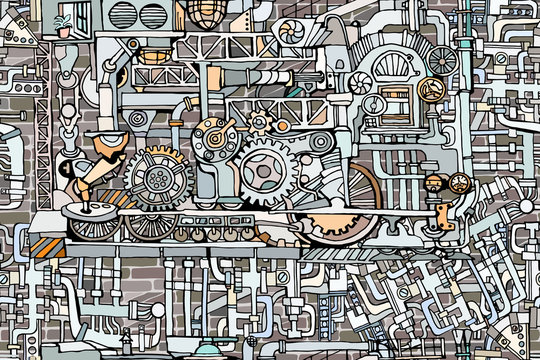 Factory or steampunk decorative illustration with hand-drawn sketch elements featuring fantasy industrial pipes, gearwheels and machines. 