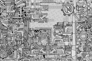 Fantasy technology or factory illustration with decorative machine sketch elements. Hand drawn.