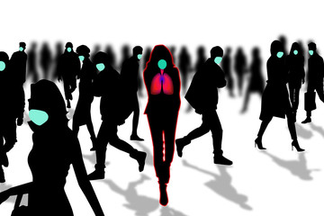 Infected people in the crowd, Crowd of people wearing medical face mask. Illustration