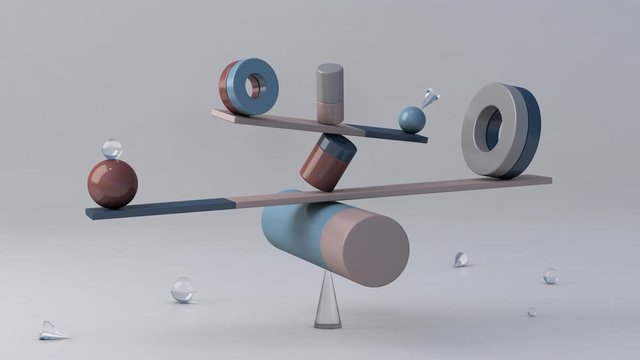 Equilibrium still life installation, balancing geometric shapes. Abstract animation, 3d render.