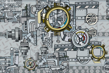 Abstract seamless industrial factory illustration with fictional pipes and machines on rusty metal grating surface. Hand drawn. 